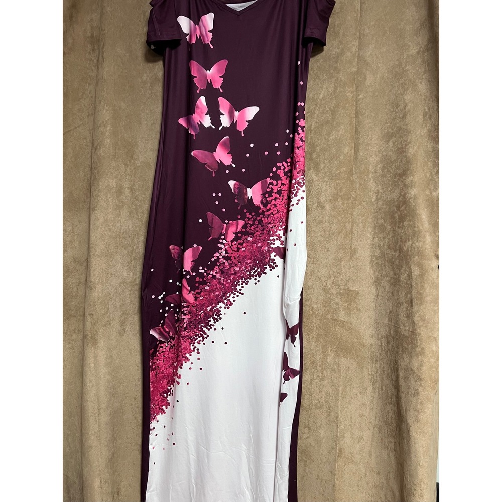 Butterfly Print‎ Cold Shoulder Maxi Dress Purple Pink White V-Neck Side Slit L